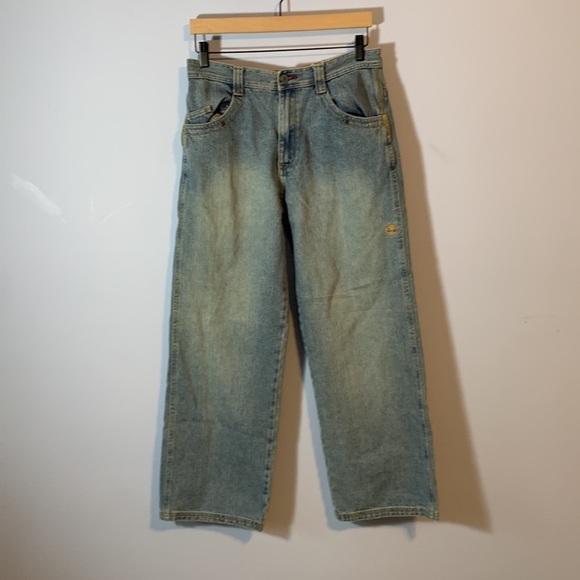 Timberland Denim - Timberland medium wash vintage Y2k wide leg jeans embroidered tight logo boys 18